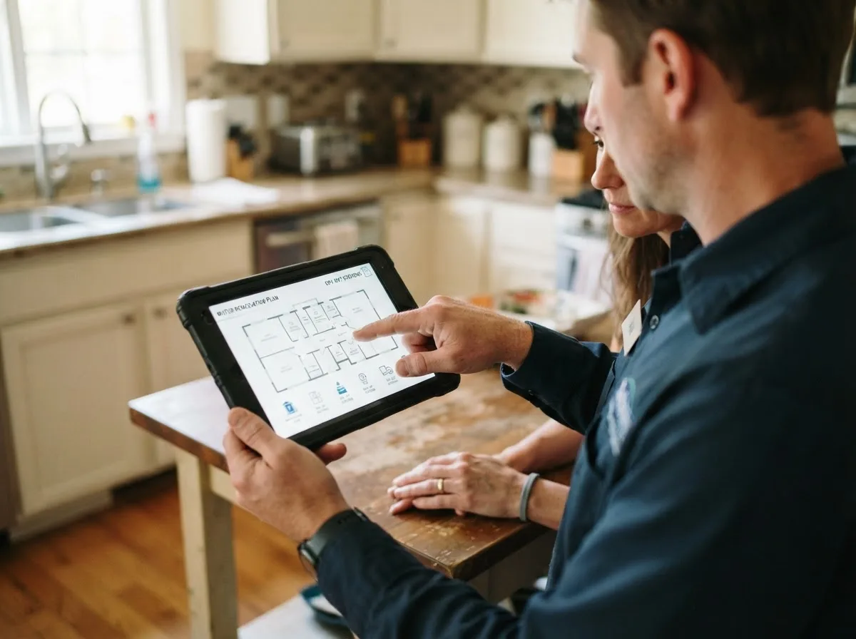 Water damage restoration technician inspecting a home in East Lyme, CT